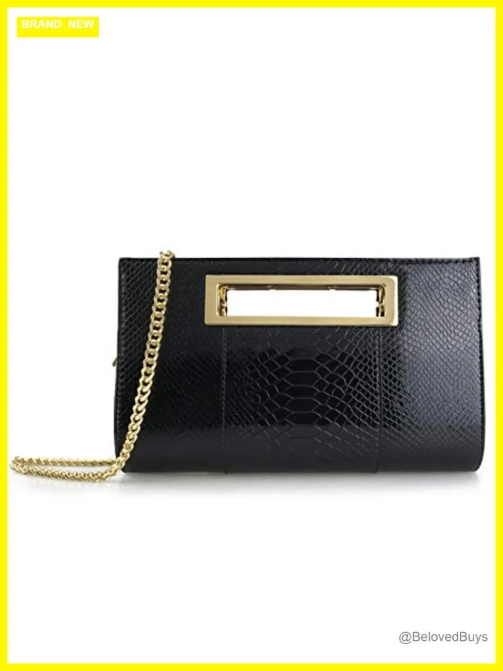 Faux Leather Crocodile Pattern Clutch with Cut-Out Metal Handle and Chain Strap